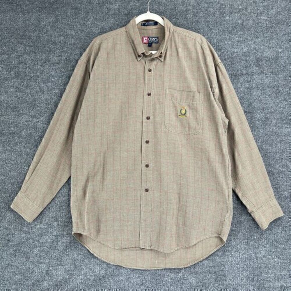 Vintage Chaps Ralph Lauren Button Up Shirt Mens Large Herringbone Plaid Crest